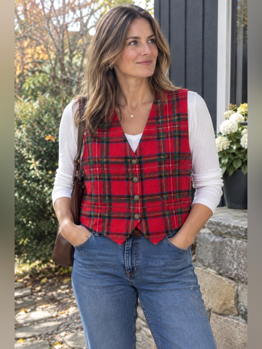 Vintage Red Tartan Plaid Button Vest GAP